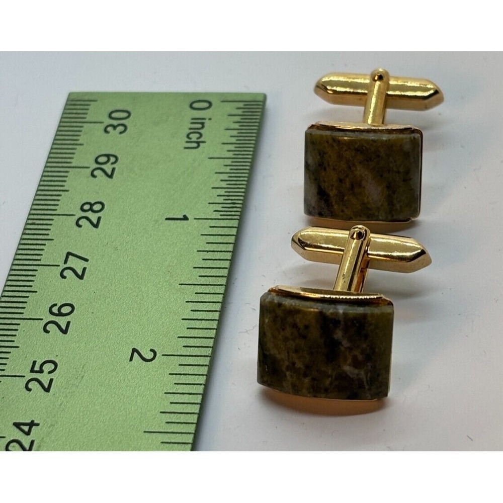 Cuff Links‎ Gold Tone Mid Century Vintage Green Agate - Picture 4 of 5